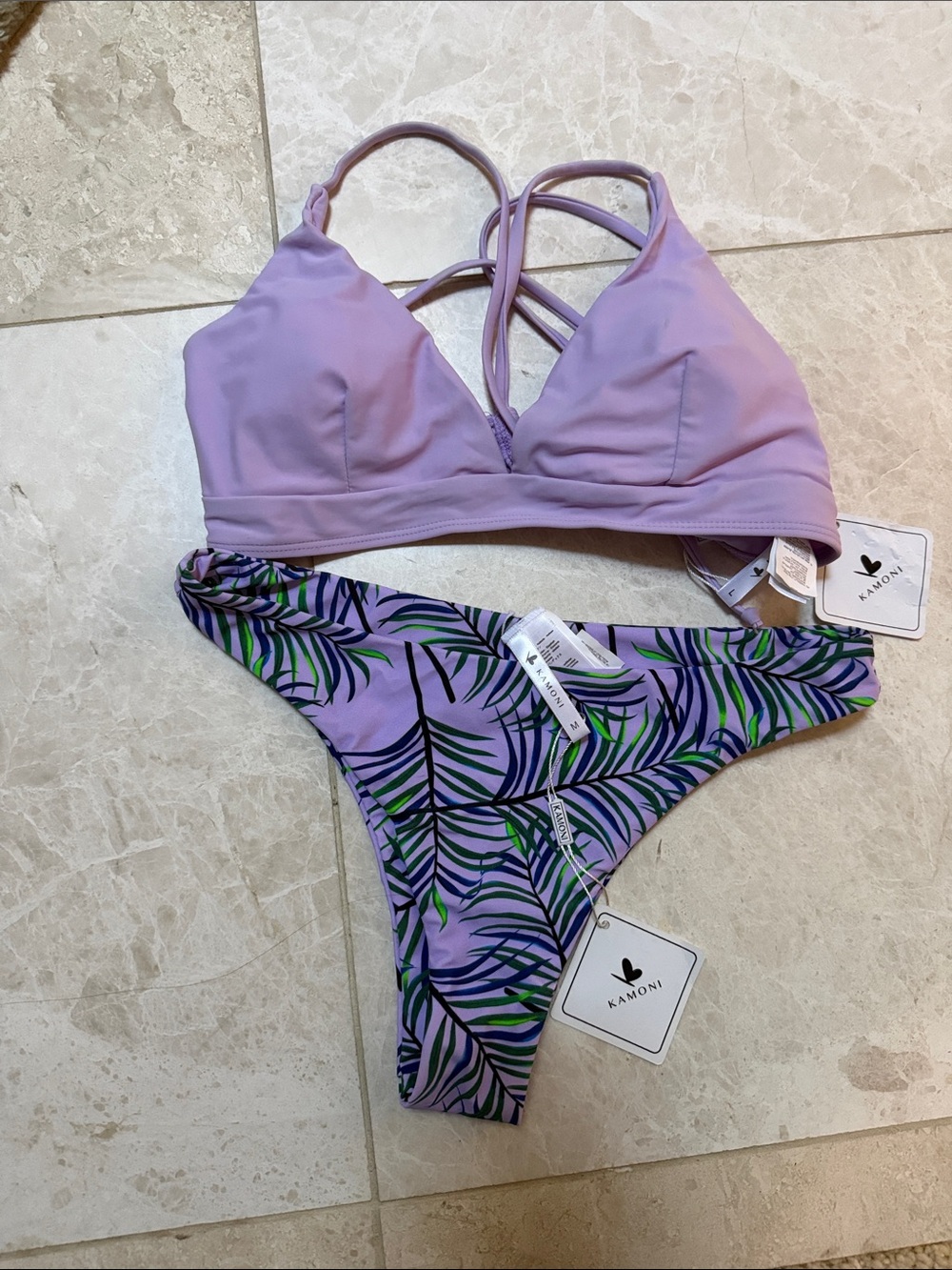 Kamoni Lavender Strappy Bikini Set with Palm-Print Bottom